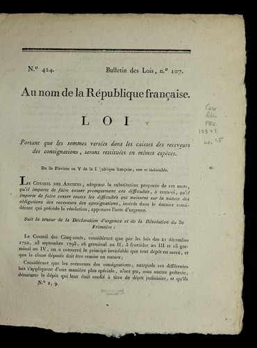 Loi portant que les sommes verse es dans les caisses des receveurs des consignations, seront restitue es en me mes espe  ces by France cover