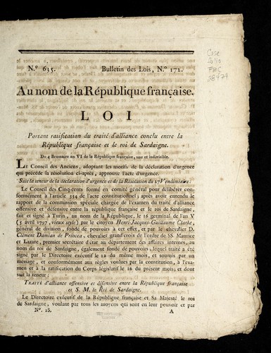 Loi portant ratification du traite  d'alliance conclu entre la Re publique franc ʹaise et le roi de Sardaigne by France cover