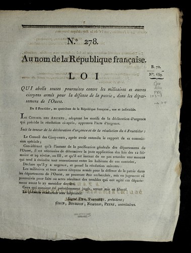 Loi qui abolit toutes poursuites contre les militaires et autres citoyens arme s pour la de fense de la patrie, dans les de partemens de l'ouest by France cover