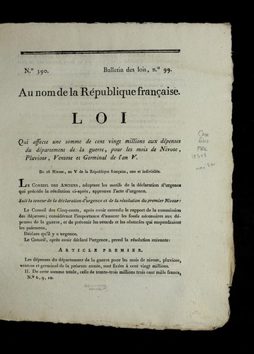 Loi qui affecte une somme de cent vingt millions aux de penses du de partement de la guerre, pour les mois de nivose, pluviose, ventose et germinal de l'an V