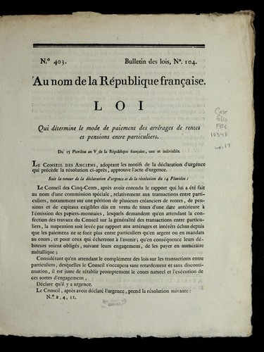 Loi qui de termine le mode de paiement des arre rages de rentes et pensions entre particuliers by France cover