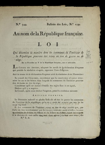 Loi qui de termine la manie  re dont les communes de l'inte rieur de la Re publique pourront e tre mises en e tat de guerre ou de sie ge by France cover