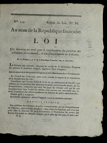 Loi qui de termine un mode pour le remplacement des pre sidens des tribunaux correctionnels, en cas d'empe chement ou d'absence by France cover