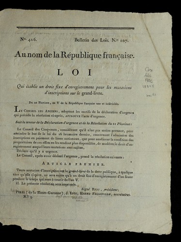 Loi qui e tablit un droit fixe d'enregistrement pour les mutations d'inscriptions sur le grand-livre by France cover