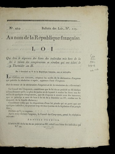 Loi qui le  ve le se questre des biens des individus mis hors de la loi a   raison des conspirations et re voltes qui ont e clate  le 9 thermidor an II