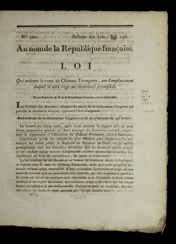Loi qui ordonne la vente du Cha teau-Trompette, sur l'emplacement dequel il sera e rige  un monument triomphal by France cover