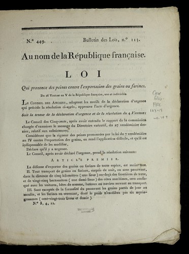 Loi qui prononce des peines contre l'exportation des grains ou farines by France cover