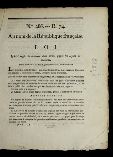Loi qui re  gle la manie  re dont seront paye s les loyers de maisons by France cover