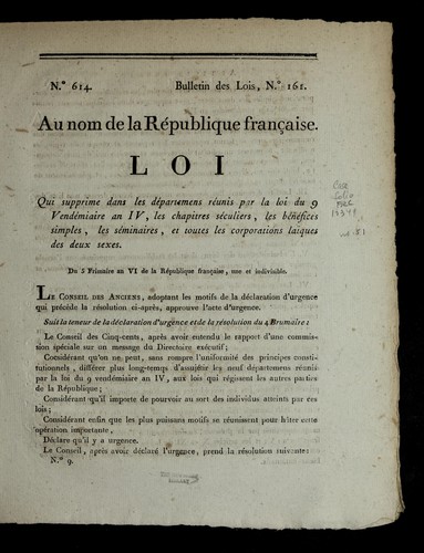 Loi qui supprime dans les de partemens re unis par la loi du 9 vende miaire an IV, les chapitres se culiers, les be ne fices simples, les se minaires, et toutes les corporations lai ques des deux sexes by France cover