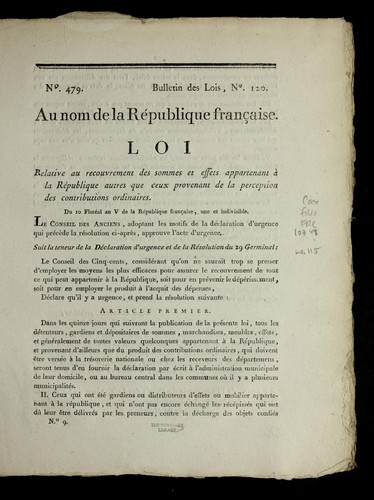 Loi relative au recouvrement des sommes et effets appartenant a   la Re publique autres que ceux provenant de la perception des contributions ordinaires by France cover