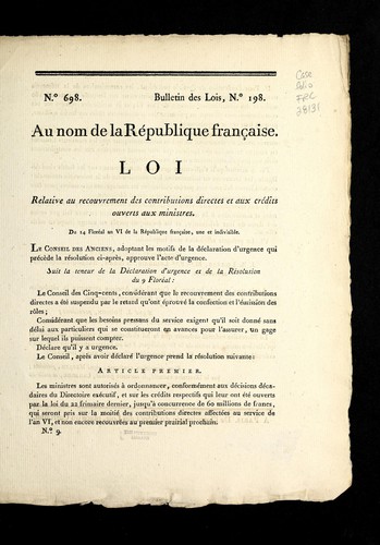 Loi relative au recouvrement des contributions directes et aux cre dits ouverts aux ministres by France cover