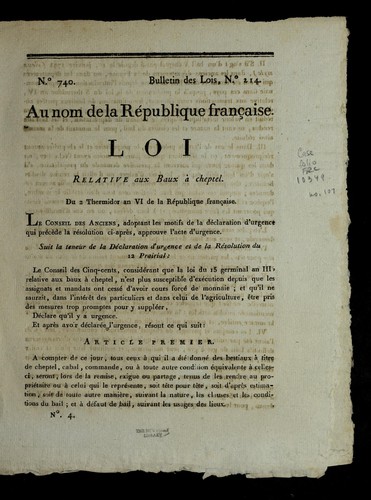 Loi relative aux baux a   cheptel by France cover