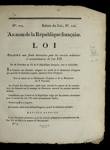 Loi relative aux fonds ne cessaires pour les services ordinaires et extraordinaires de l'an VII by France cover