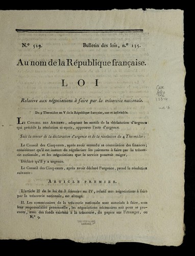 Loi relative aux ne gociations a   faire par la Tre sorerie nationale