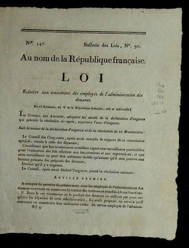 Loi relative aux traitemens des employe s de l'administration des douanes by France cover