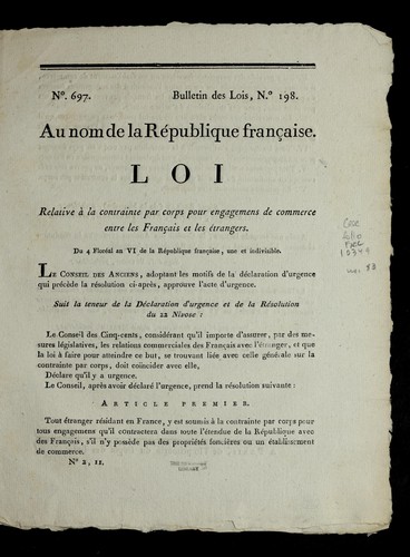 Loi relative a   la contrainte par corps pour engagemens de commerce entre les Franc ʹais et les e trangers by France cover