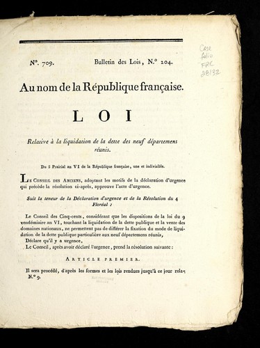 Loi relative a   la liquidation de la dette des neuf de partemens re unis by France cover