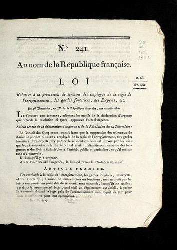 Loi relative a   la prestation de serment des employe s de la re gie de l'enregistrement, des gardes forestiers, des experts, etc by France cover