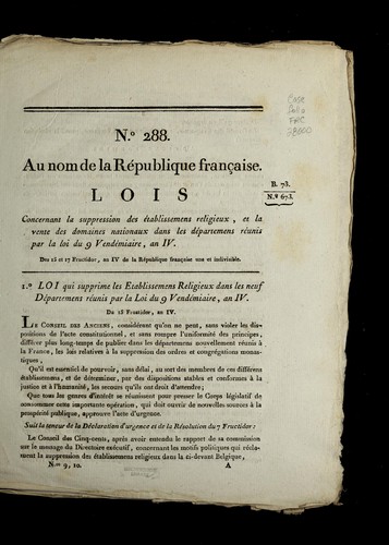 Lois concernant la suppression des e tablissemens religieux, et la vente des domaines nationaux dans les de partemens re unis par la loi du 9 vende miaire, an IV by France cover