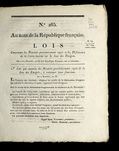 Lois concernant les notaires provisoirement raye s et les de fenseurs de la patrie inscrits sur la liste des emigre s by France cover
