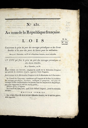 Lois concernant le prix du port des ouvrages pe riodiques et des livres broche s et la taxe des ports de lettres pour les militaires