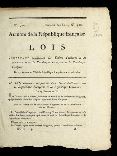 Lois contenant ratification des traite s d'alliance et de commerce entre la Re publique franc ʹaise et la Re publique cisalpine by France cover