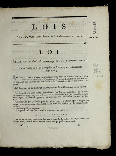 Lois relatives aux prises et a   l'armement en course