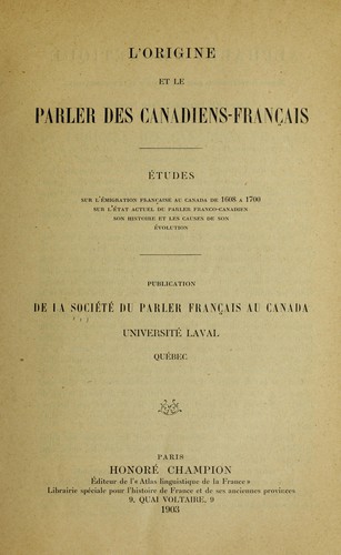 L'origine et le parler des canadiens-francais by Societe du Parler francais au Canada cover