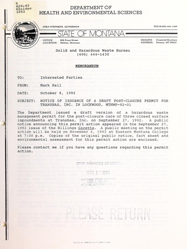 Notice of issuance of a draft post-closure permit for Transbas, Inc. in Lockwood, MTHWP-92-01