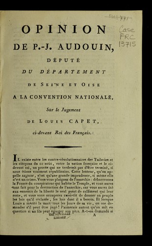 Opinion de P.-J. Audouin, député du département de Seine et Oise à la Convention nationale by Pierre Jean Audouin cover