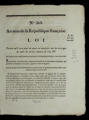 Loi portant qu'il sera paye  un quart en nume raire sur les arre rages de rentes du dernier semestre de l'an IV by France cover
