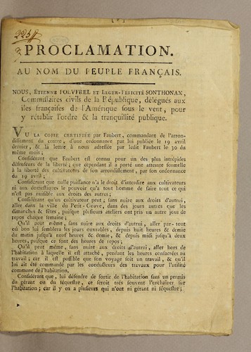 Proclamation. Au nom du peuple français by Saint-Domingue. Commissaires nationaux-civils cover