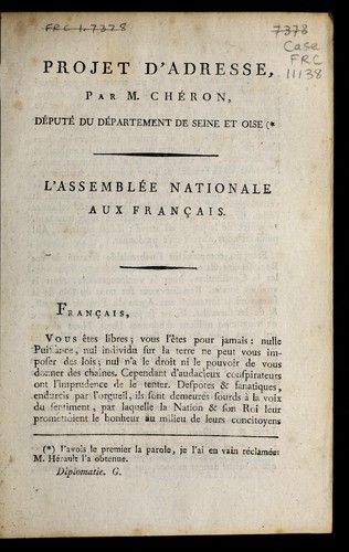 Projet d'adresse par M. Chéron, député du département de Seine et Oise by L. C. Chéron cover