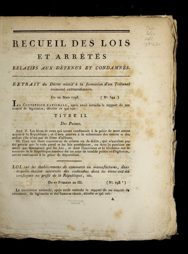 Recueil des lois et arre te s relatifs aux de tenus et condamne s.