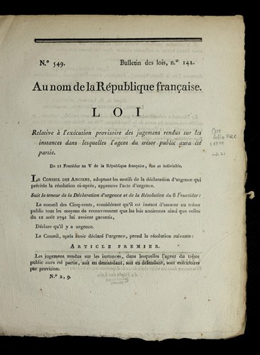 Loi relative a   l'exe cution provisoire des jugemens rendus sur les instances dans lesquelles l'agent du tre sor public aura e te  partie by France cover