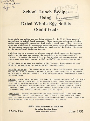 School lunch recipes using dried whole egg solids (stabilized)
