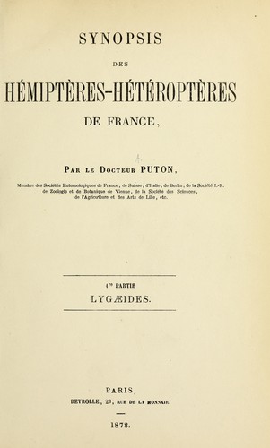 Synopsis des Hémiptères-Hétéroptères de France by A. Puton cover