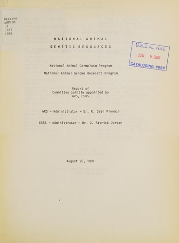 National animal genetic resources by United States. Agricultural Research Service cover