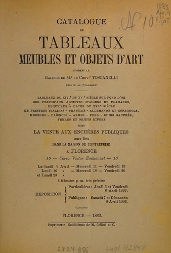 Catalogue de tableaux, meubles et objets d'art formant la galerie de Mr. le Chevr. Toscanelli député au parlement by Giulio Sambon cover