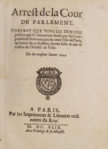 Arrest de la cour de Parlement by France. Parlement (Paris) cover