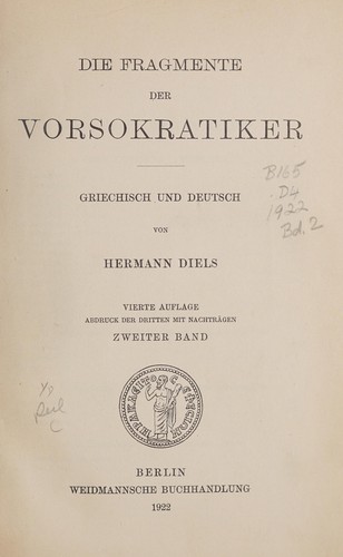 Die Fragmente der Vorsokratiker, griechisch und deutsch by Hermann Diels cover