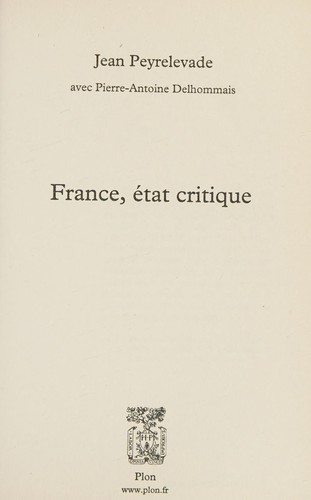 France, état critique by Jean Peyrelevade cover