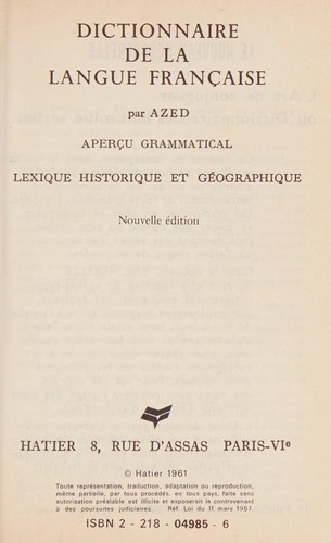 Dictionnaire de la langue française by Azed pseud cover