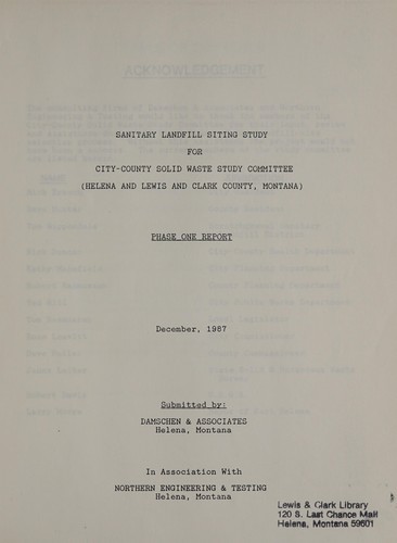 Sanitary landfill siting study for City-County Solid Waste Study Committee (Helena and Lewis and Clark County, Montana)