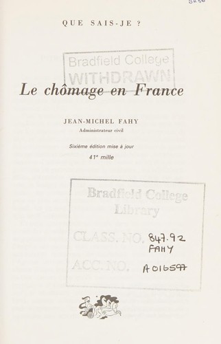 Le chômage en France by Jean-Michel Fahy cover