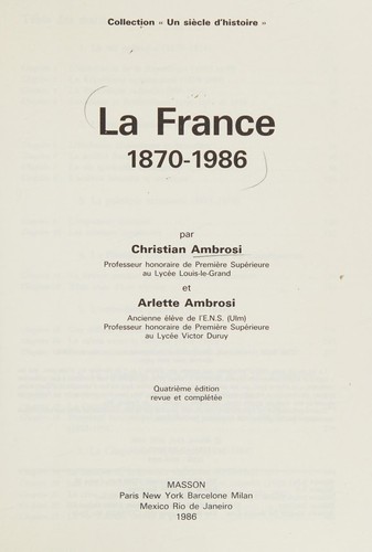 La France, 1870-1986 by Christian Ambrosi cover
