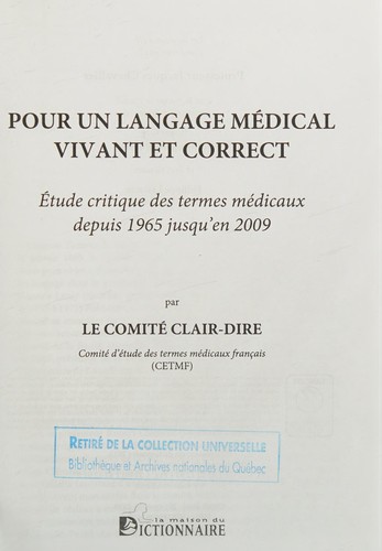 Pour un langage médical vivant et correct by Comité d'étude des termes médicaux français cover