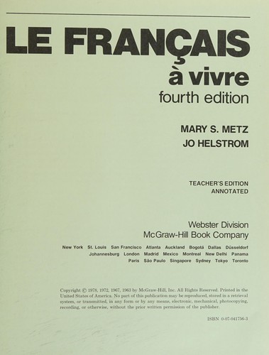 Le français à vivre by Mary S. Metz cover