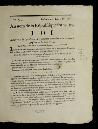 Loi relative a   la liquidation des pensions accorde es aux ci-devant gagistes de la liste civile by France cover