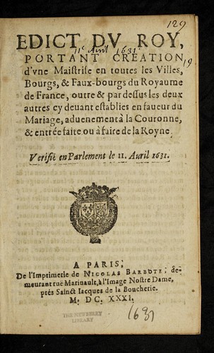 Edict dv Roy, portant creation d'vne maistrise en toutes les villes, bourgs, & faux-bourgs du royaume de France by France cover